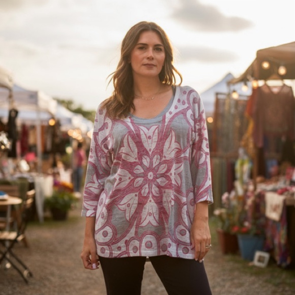 Chic Women's Tunic with Floral Design - Pink and Gray